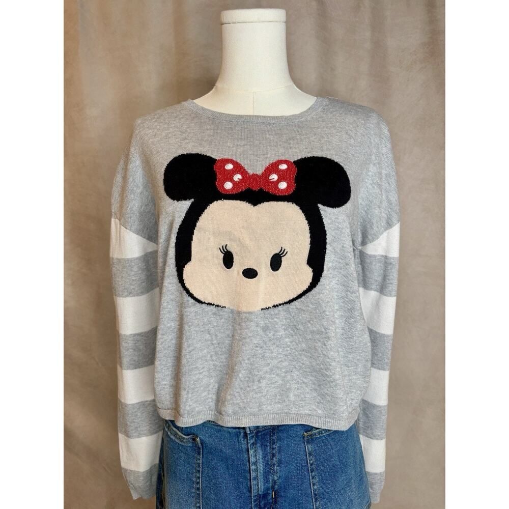 Disney Store Minnie Mouse Gray Knit Sweater Striped Sleeves Women's Medium